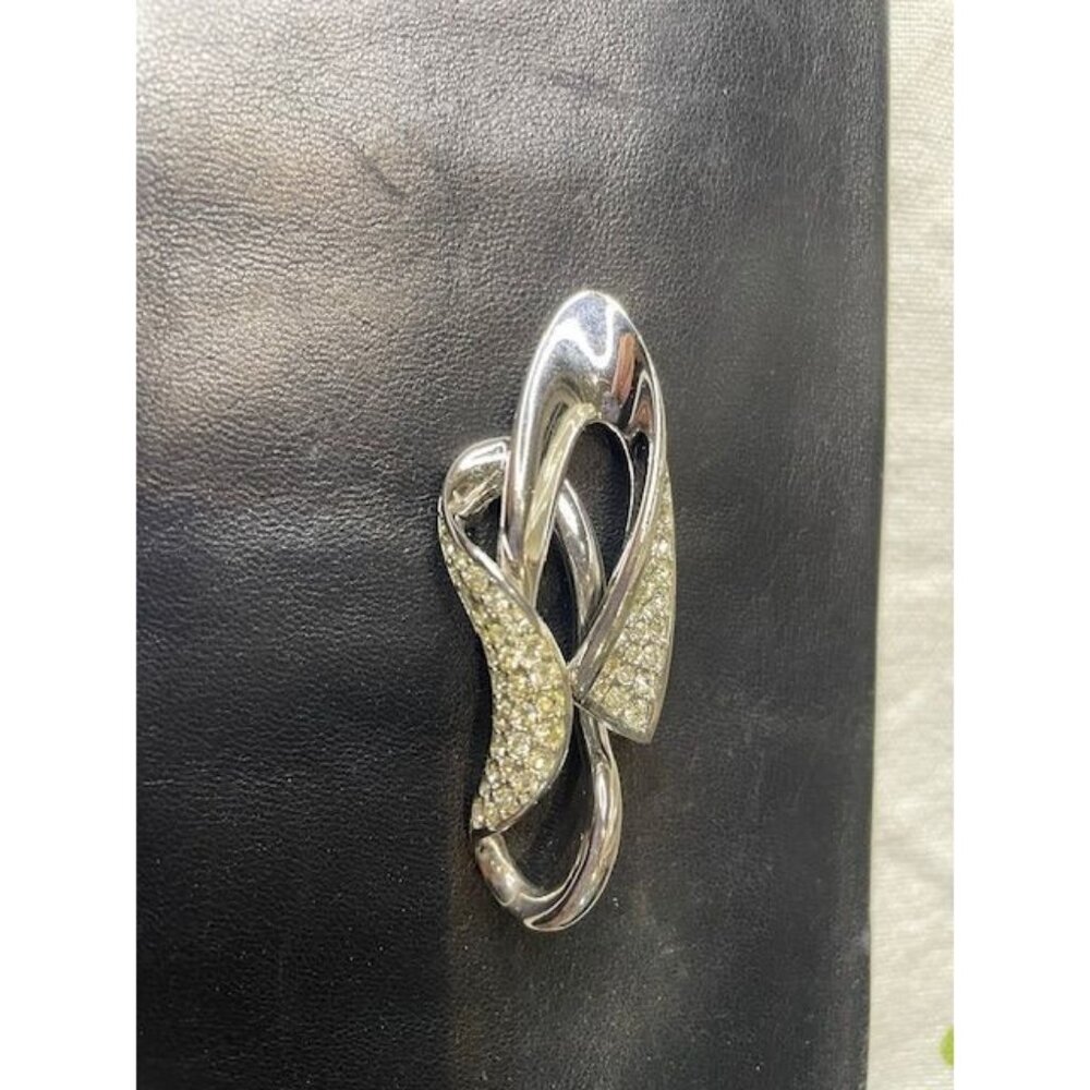 Givenchy Vintage Modernist Silver-Tone Ribbon Brooch with Crystal Accents